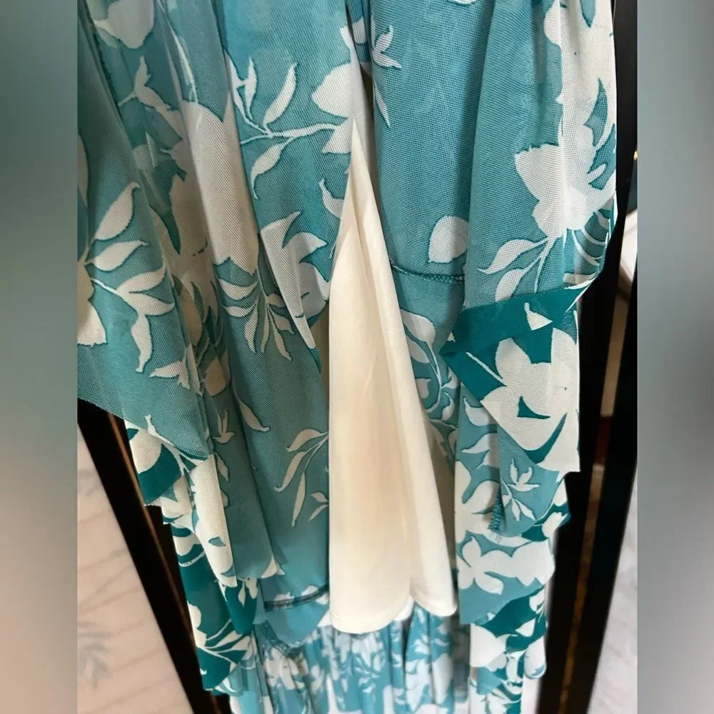 TORRID Teal White Floral Tiered Midi Mesh Ruffle Surplice Dress 12